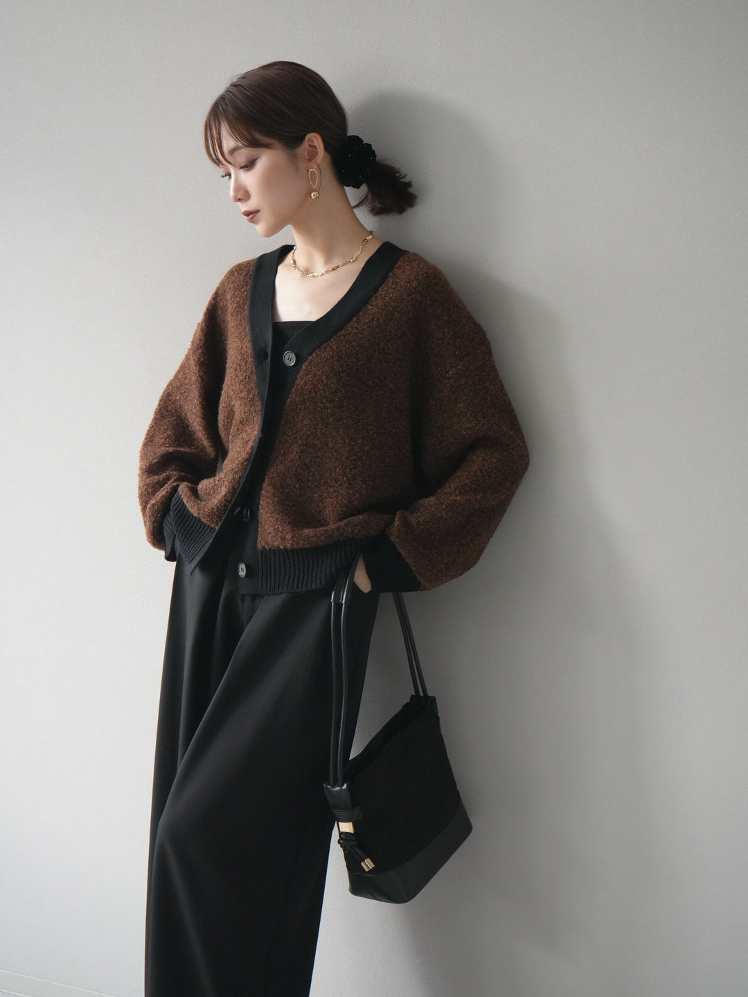 [予約]ブークレバイカラーニットカーディガン/brown