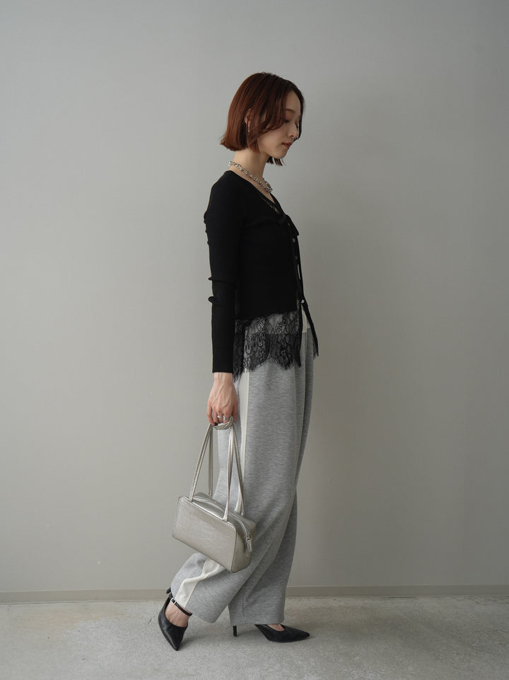 [SET]フロントリボン裾レースリブニットトップス+バイカラー異素材サイドラインライトポンチパンツ(2set)
