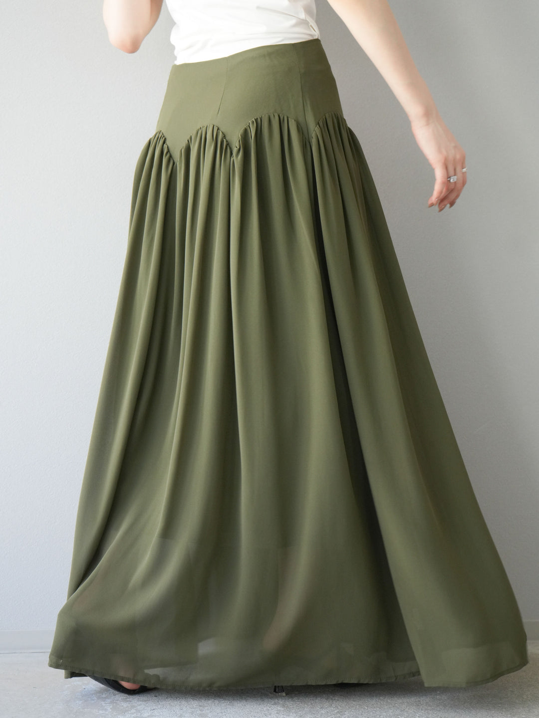 [予約]シフォンフレアスカート/カーキ