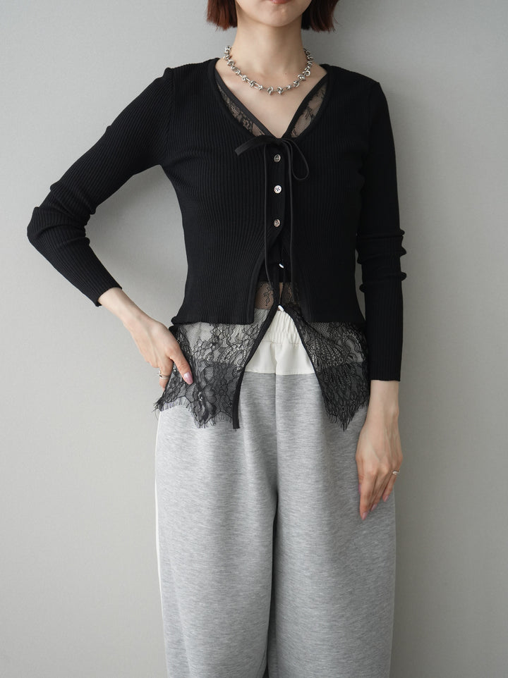 [SET]フロントリボン裾レースリブニットトップス+バイカラー異素材サイドラインライトポンチパンツ(2set)