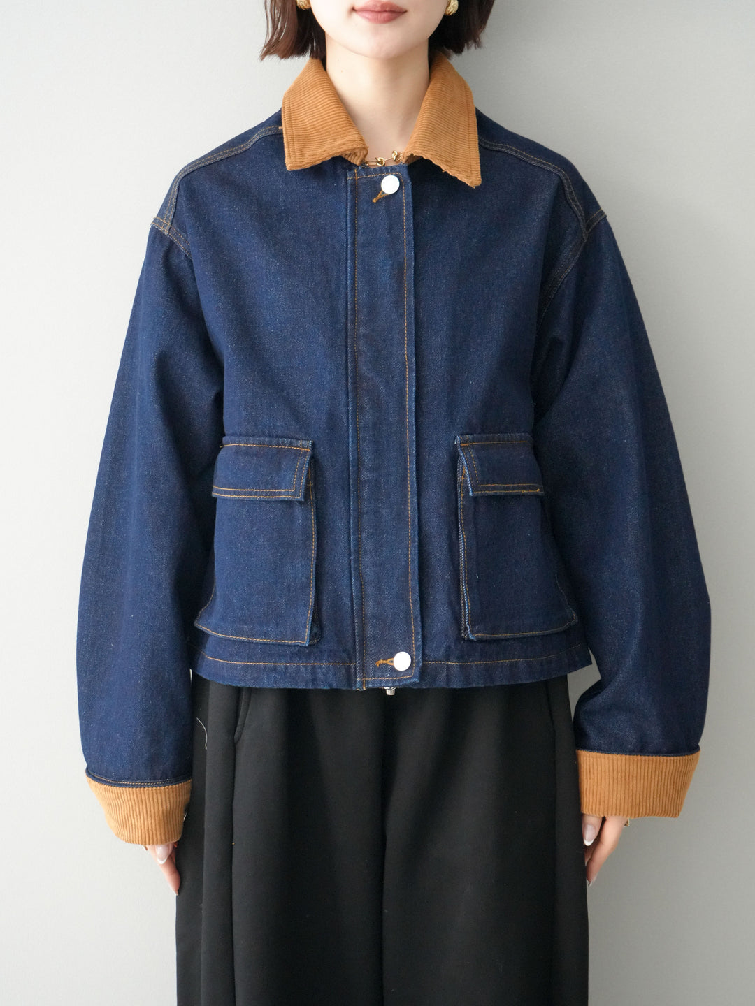 [予約]コーデュロイ×デニムショートカバーオール/indigo