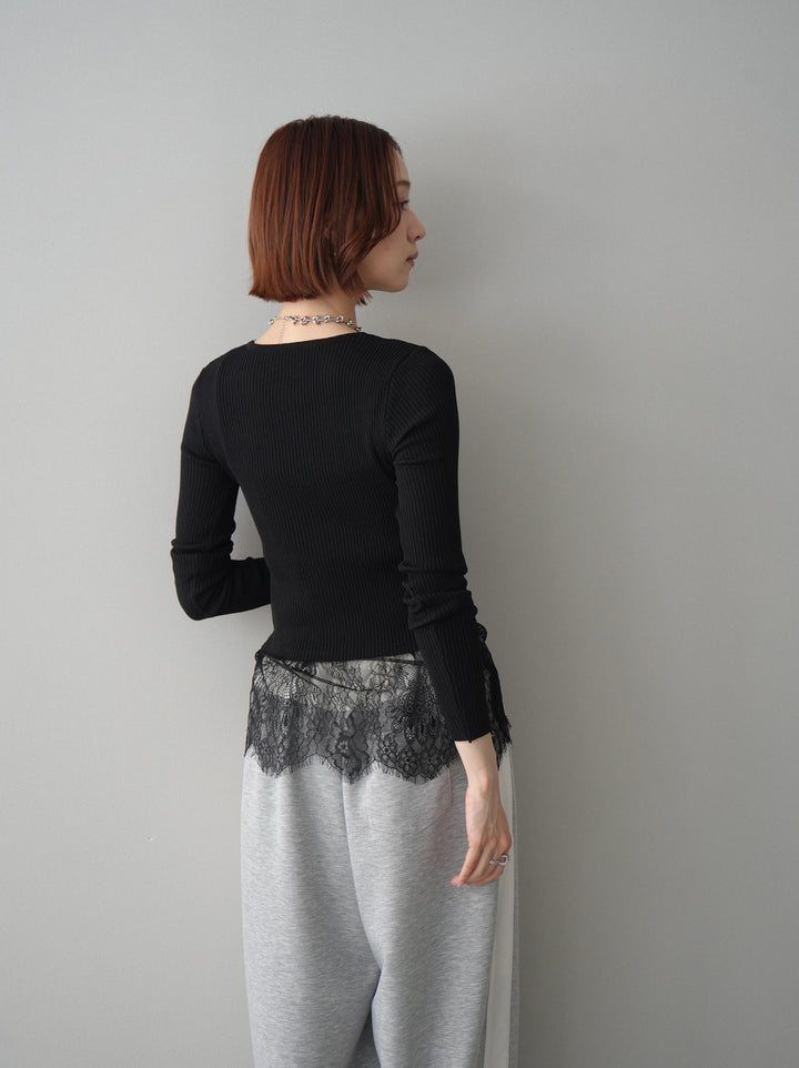 [SET]フロントリボン裾レースリブニットトップス+バイカラー異素材サイドラインライトポンチパンツ(2set)