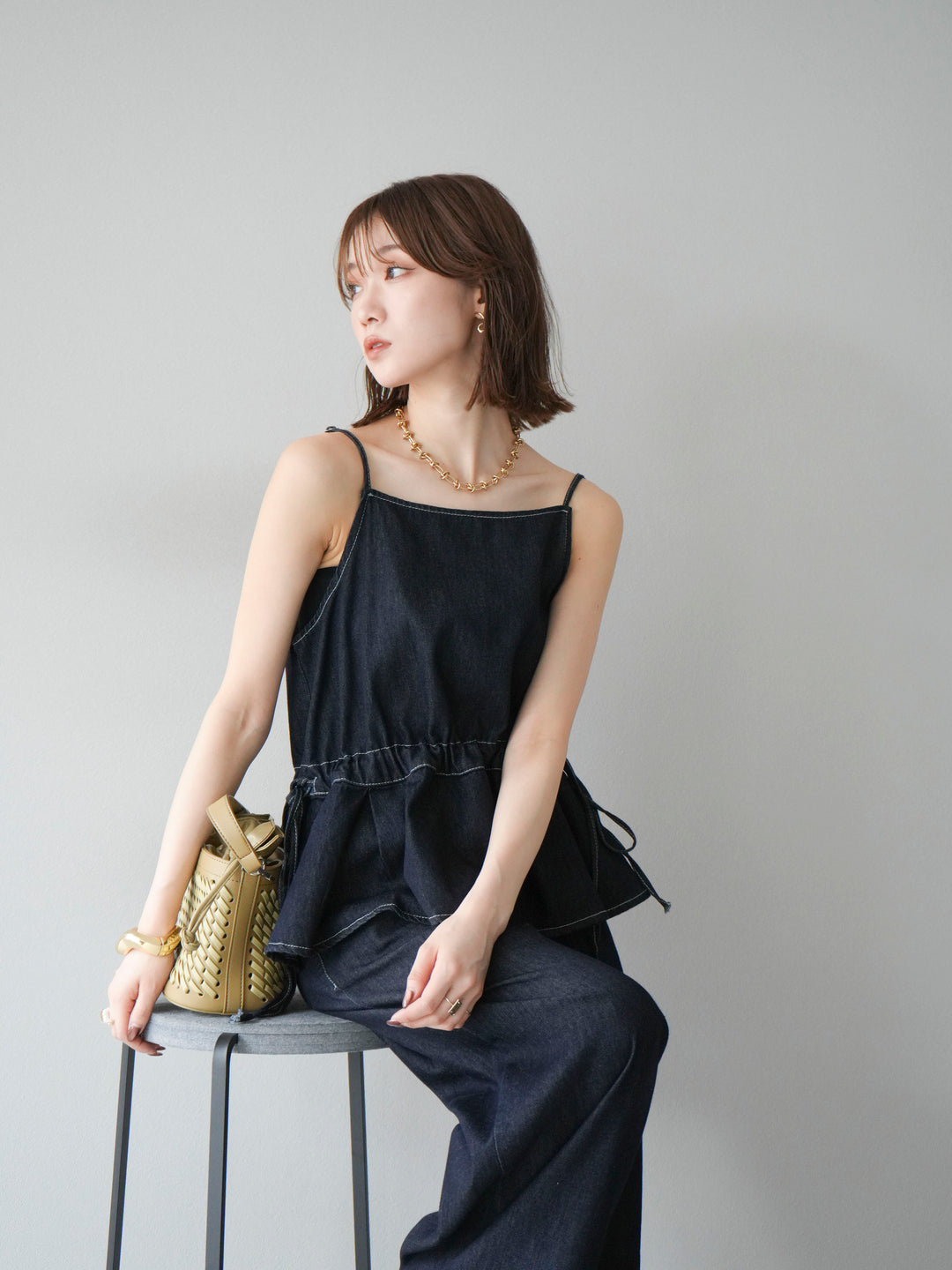 [SET]デニムタックフレアキャミソール＆イージーワイドパンツSET UP +選べるアクセセット(2set)