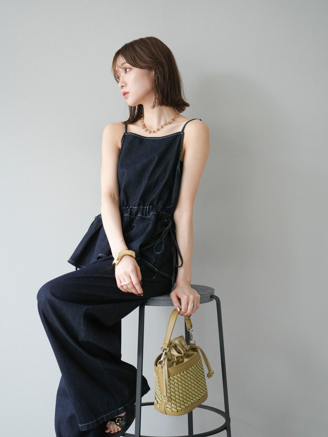 [SET]デニムタックフレアキャミソール＆イージーワイドパンツSET UP +選べるアクセセット(2set)