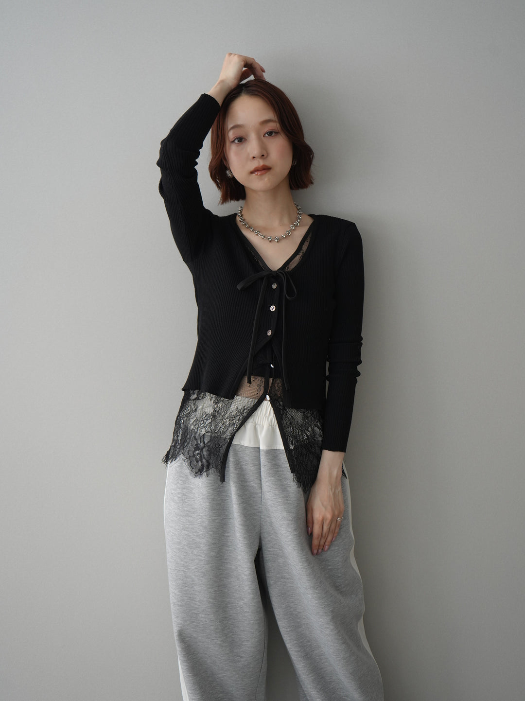 [SET]フロントリボン裾レースリブニットトップス+バイカラー異素材サイドラインライトポンチパンツ(2set)