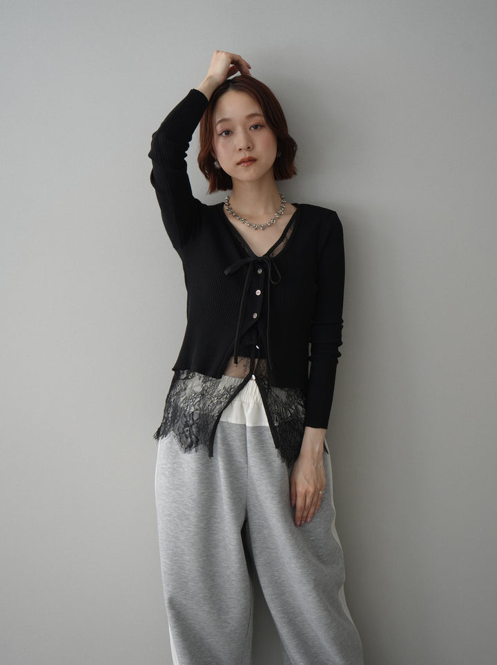 [SET]フロントリボン裾レースリブニットトップス+バイカラー異素材サイドラインライトポンチパンツ(2set)