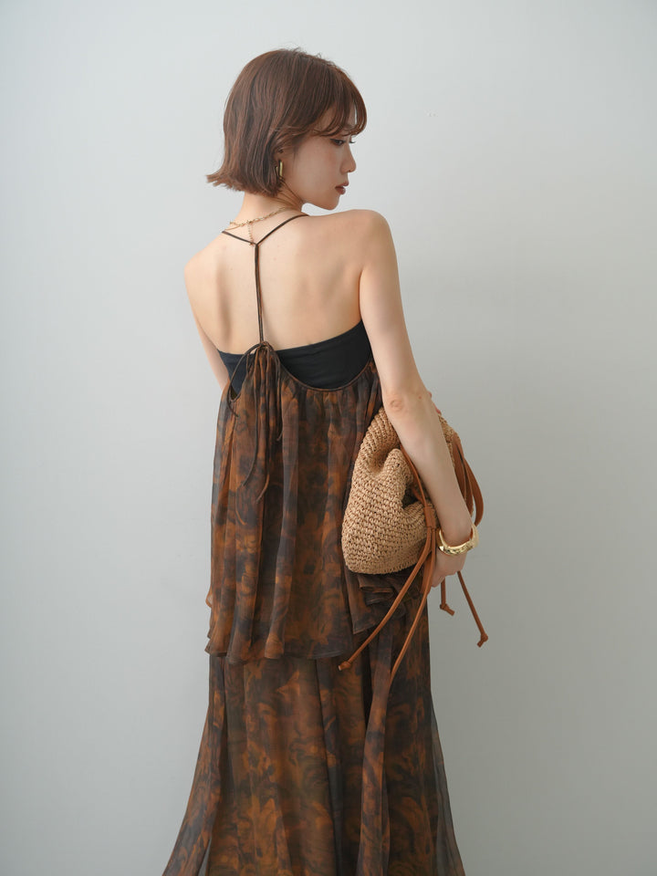 [予約]フラワーニュアンス柄ワイヤーシアーフレアキャミソール/brown