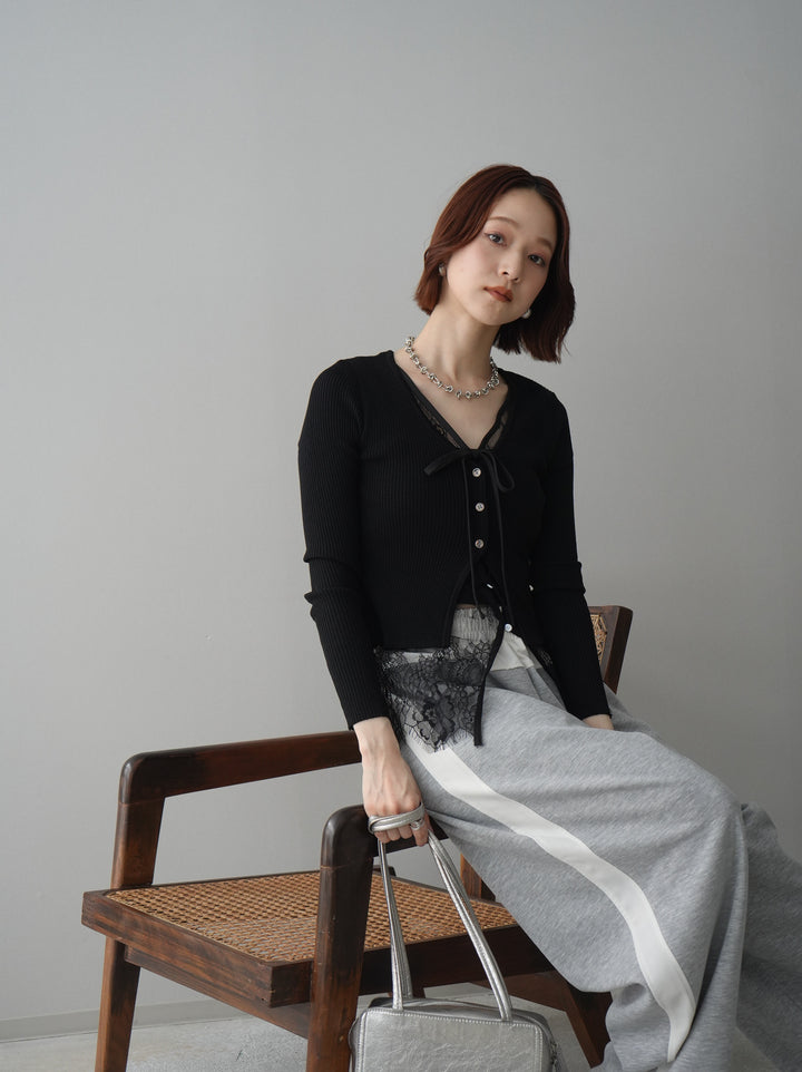 [SET]フロントリボン裾レースリブニットトップス+バイカラー異素材サイドラインライトポンチパンツ(2set)