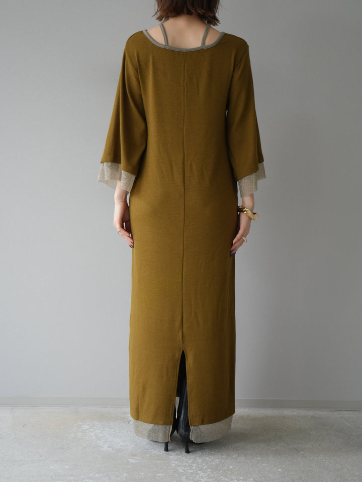 [予約]デザインネックラメシアー切替ニットワンピース/カーキ