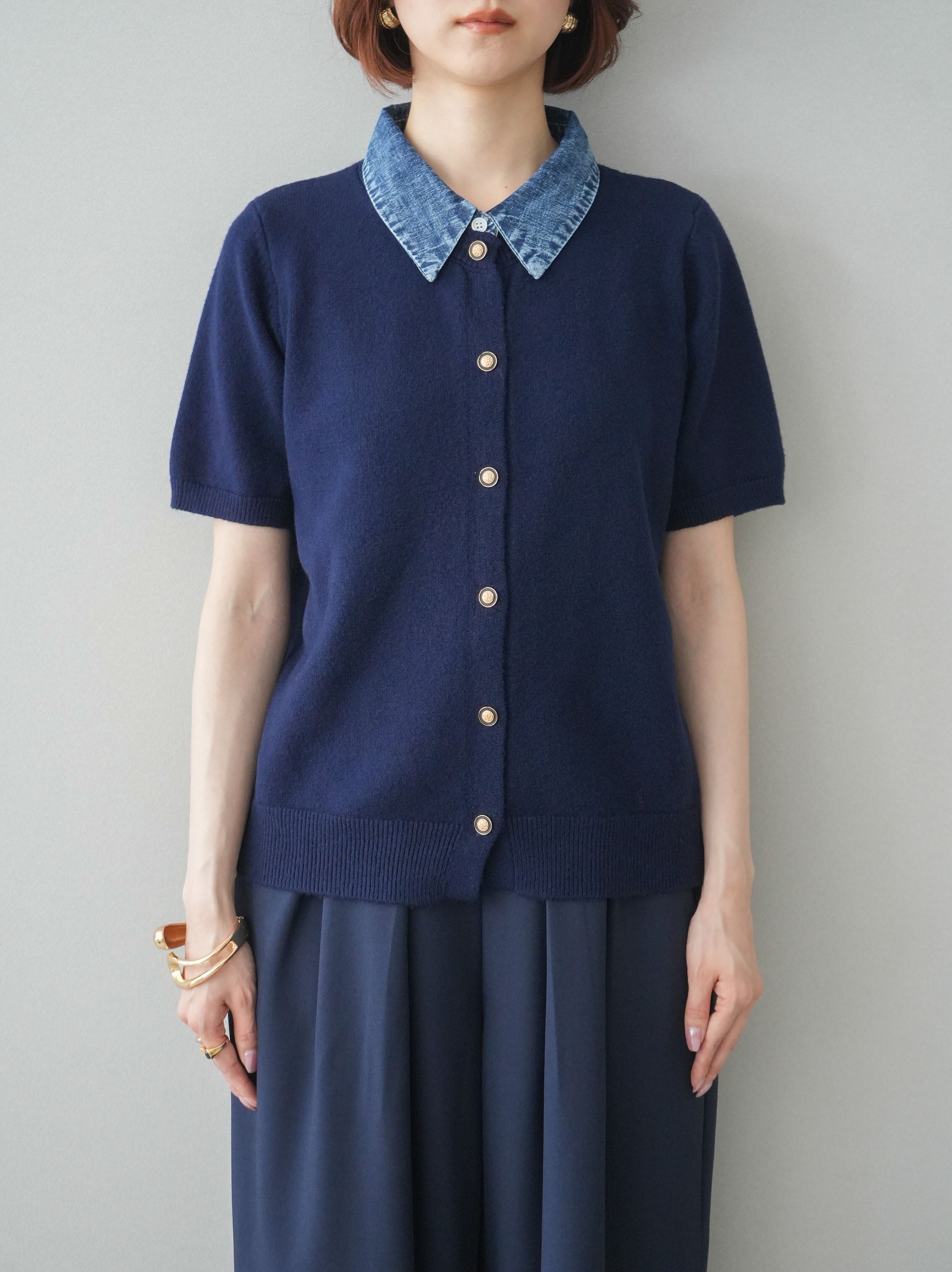 予約]デニム襟ボタンハーフスリーブニットプルオーバー/navy – Lumier
