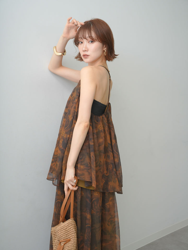 [予約]フラワーニュアンス柄ワイヤーシアーフレアキャミソール/brown