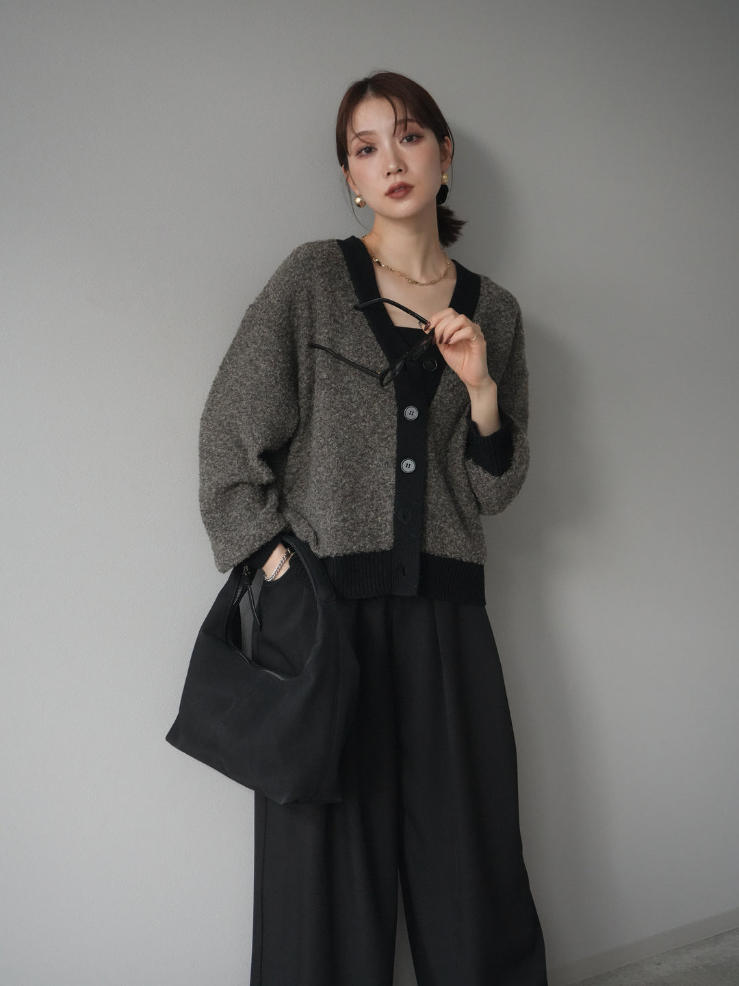 [予約]ブークレバイカラーニットカーディガン/charcoal