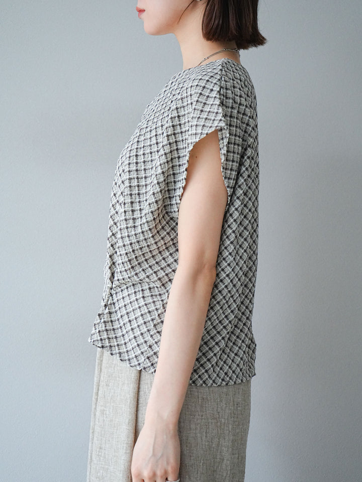 [予約]チェック柄タックデザインフレンチスリーブトップス/ブラック