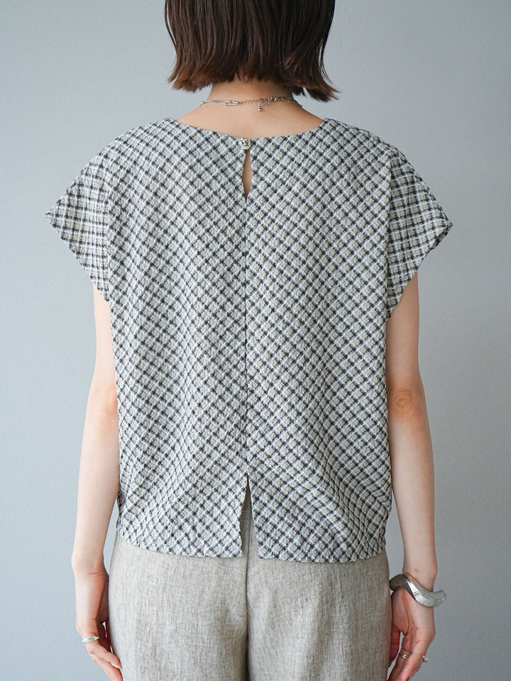 [予約]チェック柄タックデザインフレンチスリーブトップス/ブラック