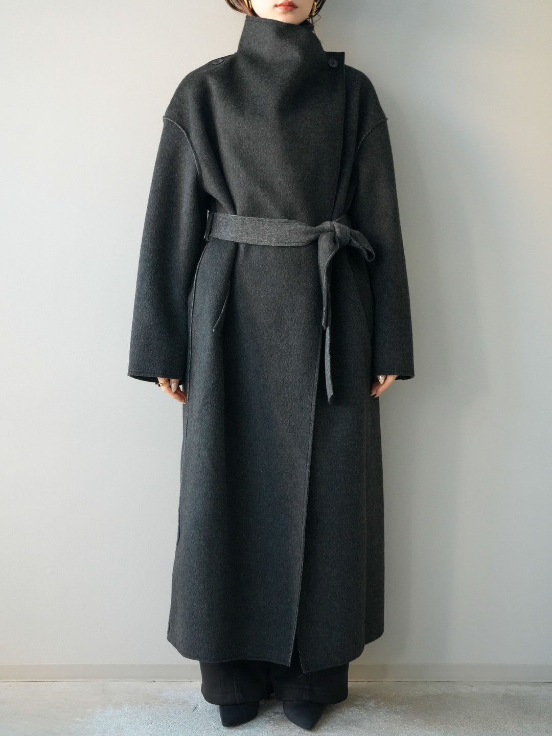 [予約]ダブルフェイスバイカラーロングコート/charcoal