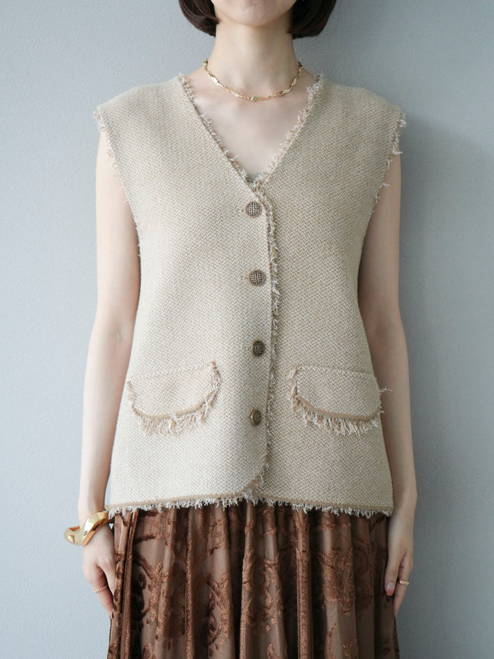 [予約]ツイードライクフリンジニットベスト/ベージュ