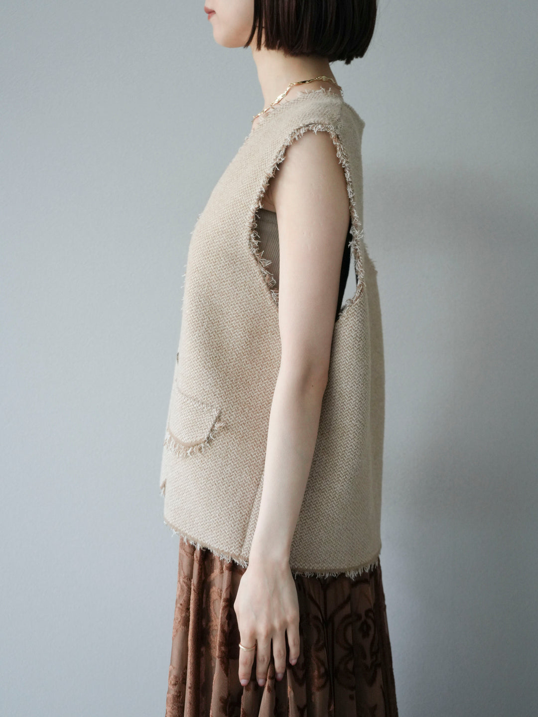 [予約]ツイードライクフリンジニットベスト/ベージュ