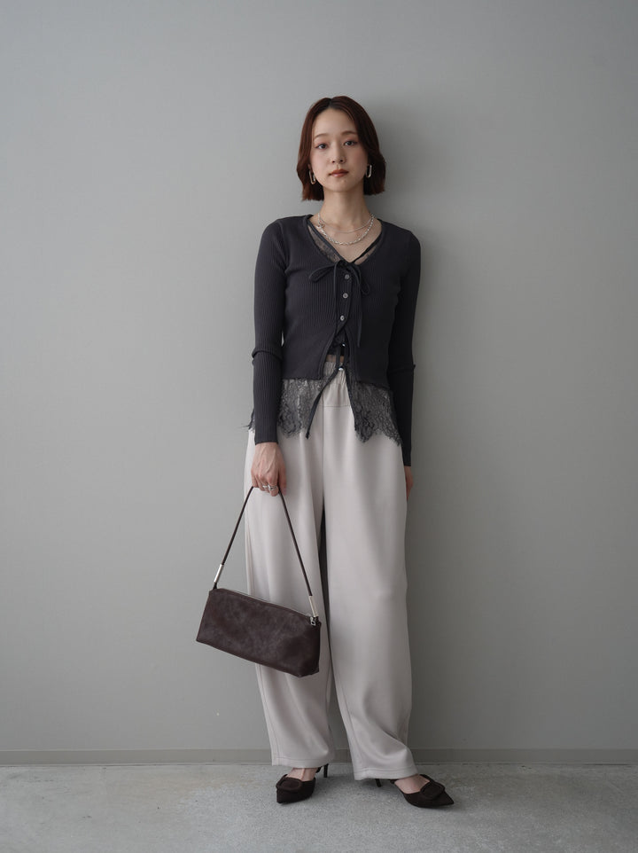 [SET]フロントリボン裾レースリブニットトップス+バイカラー異素材サイドラインライトポンチパンツ(2set)