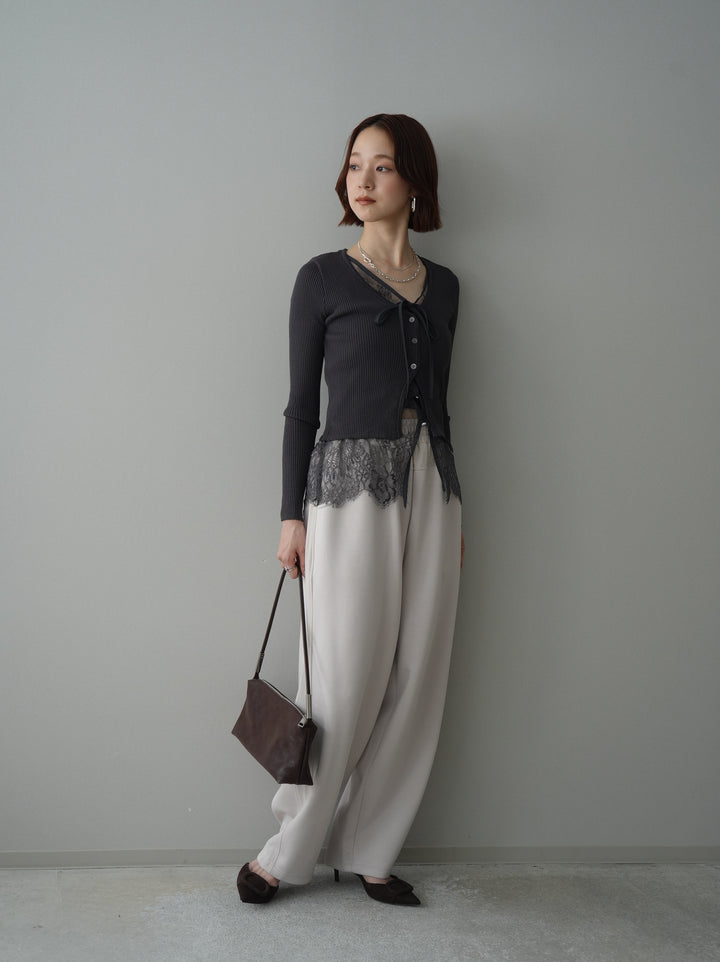 [SET]フロントリボン裾レースリブニットトップス+バイカラー異素材サイドラインライトポンチパンツ(2set)