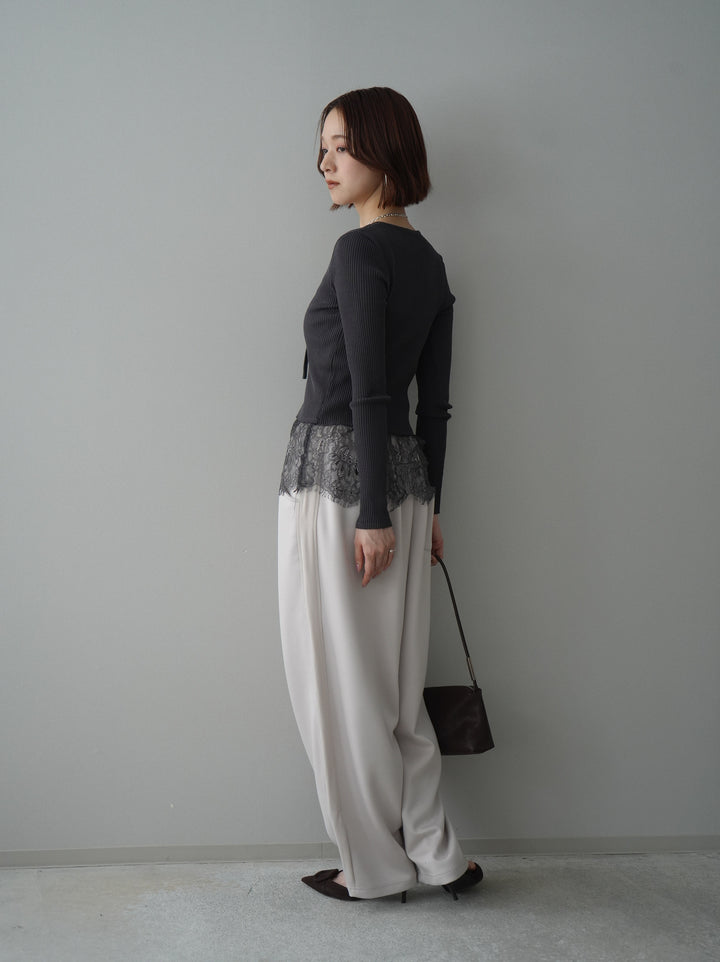 [SET]フロントリボン裾レースリブニットトップス+バイカラー異素材サイドラインライトポンチパンツ(2set)