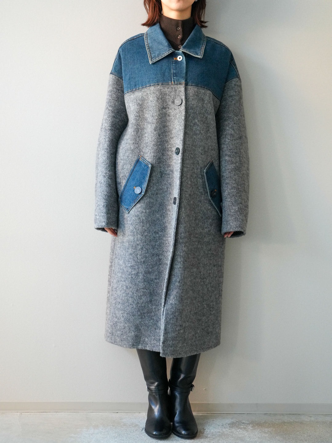 [予約]デニム切替シャギーステンカラーコート/gray