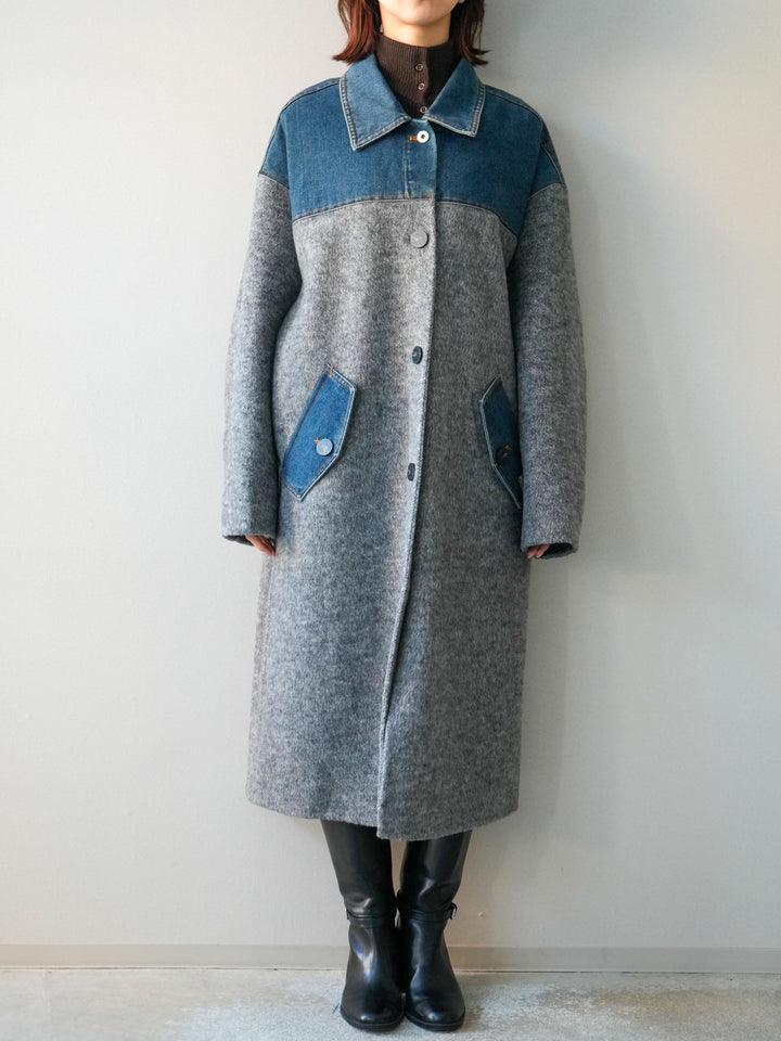 [予約]デニム切替シャギーステンカラーコート/gray
