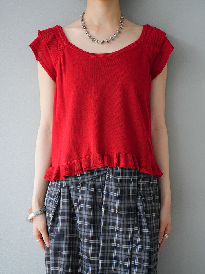 [予約]リネンタッチフリルニットタンクトップ/レッド