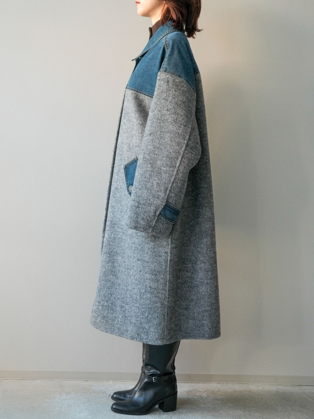 [予約]デニム切替シャギーステンカラーコート/gray