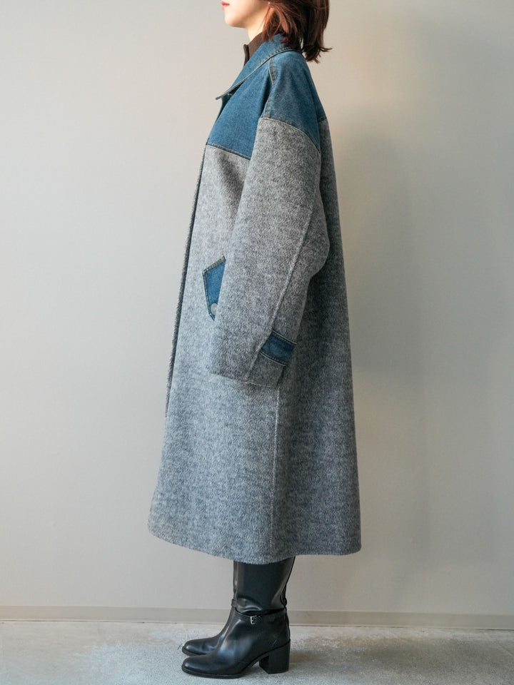 [予約]デニム切替シャギーステンカラーコート/gray