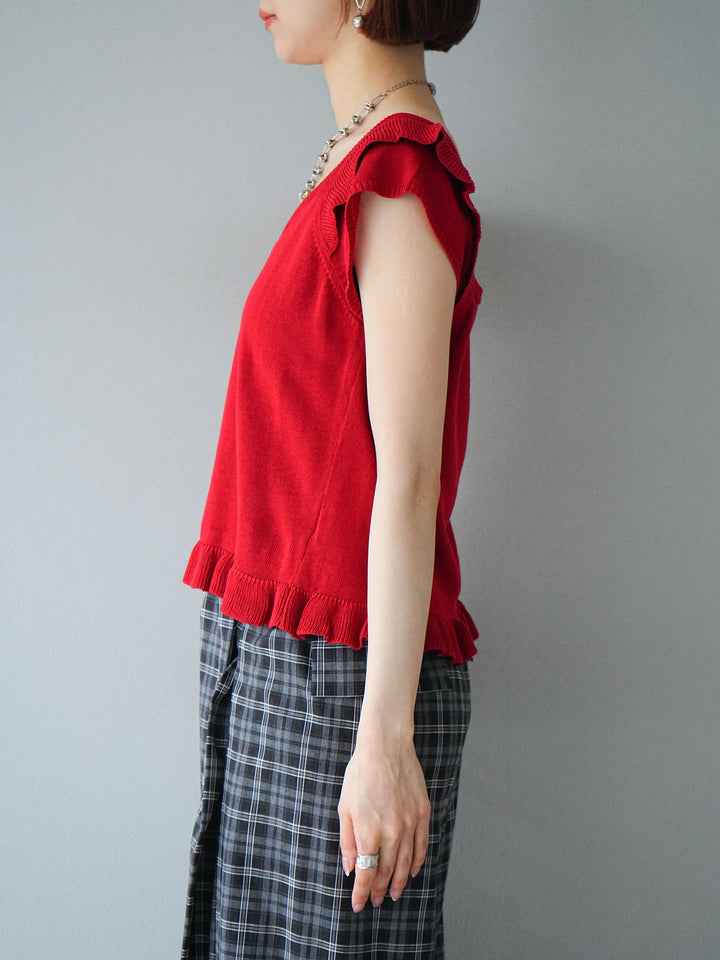[予約]リネンタッチフリルニットタンクトップ/レッド