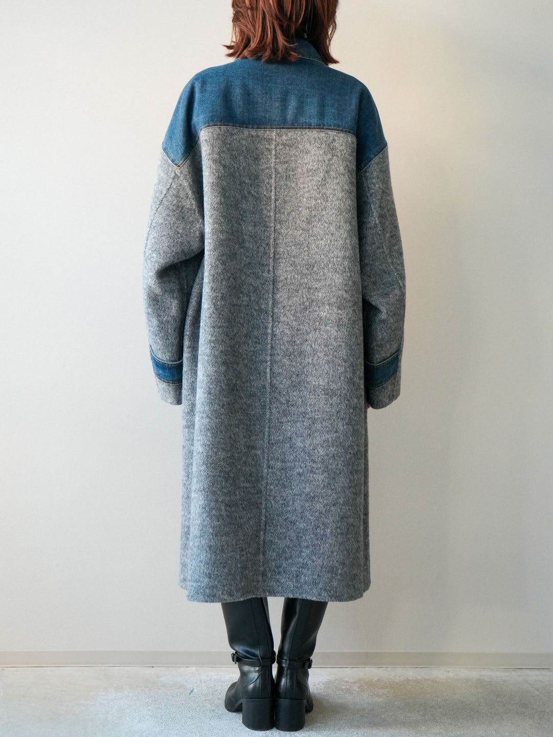 [予約]デニム切替シャギーステンカラーコート/gray