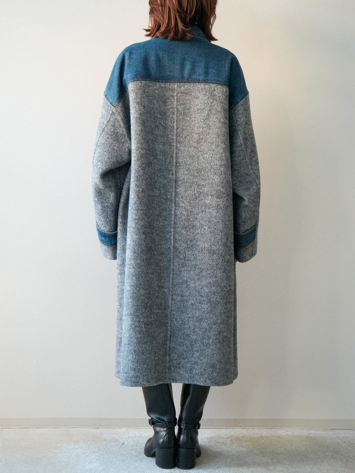 [予約]デニム切替シャギーステンカラーコート/gray