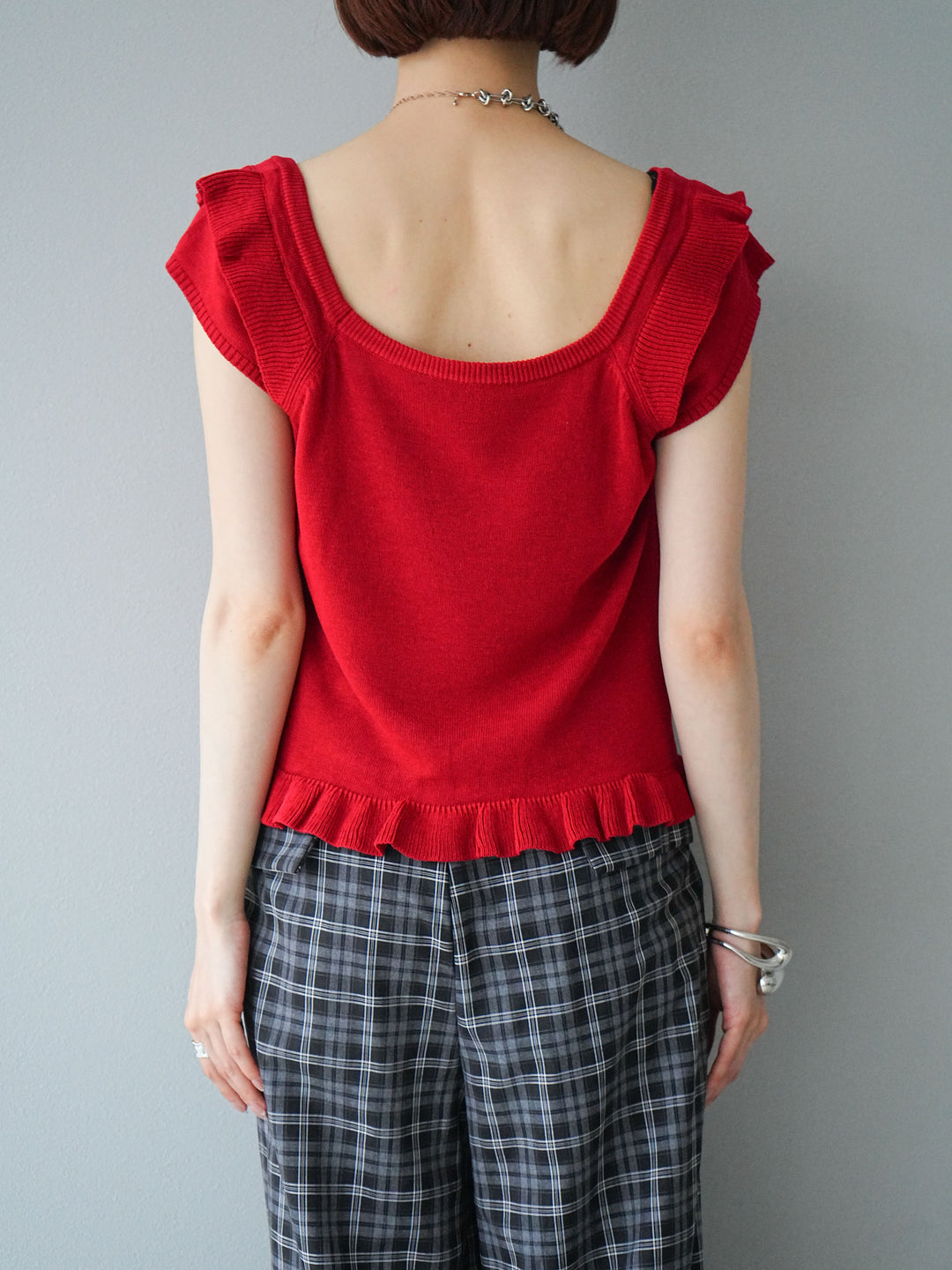 [予約]リネンタッチフリルニットタンクトップ/レッド
