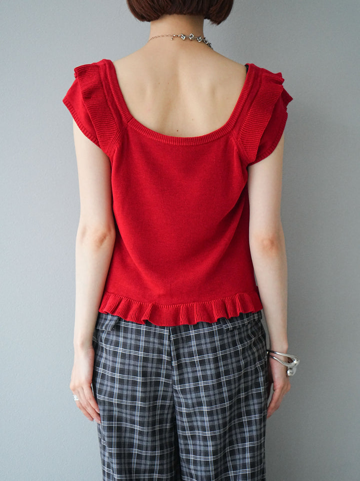 [予約]リネンタッチフリルニットタンクトップ/レッド