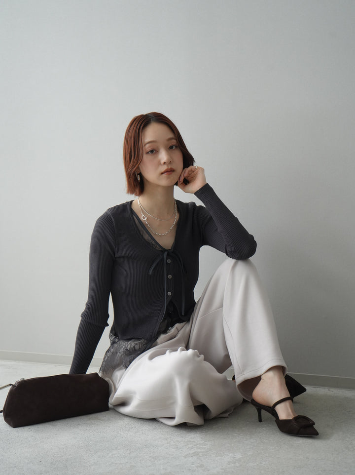 [SET]フロントリボン裾レースリブニットトップス+バイカラー異素材サイドラインライトポンチパンツ(2set)