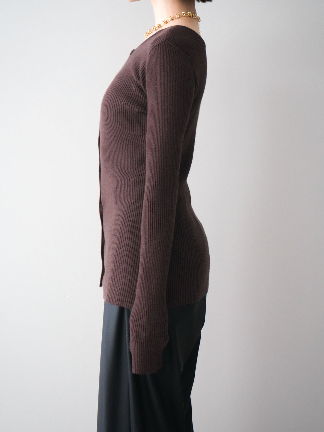 [予約]前後2WAYリブ編みクルーネックカーディガン/darkbrown