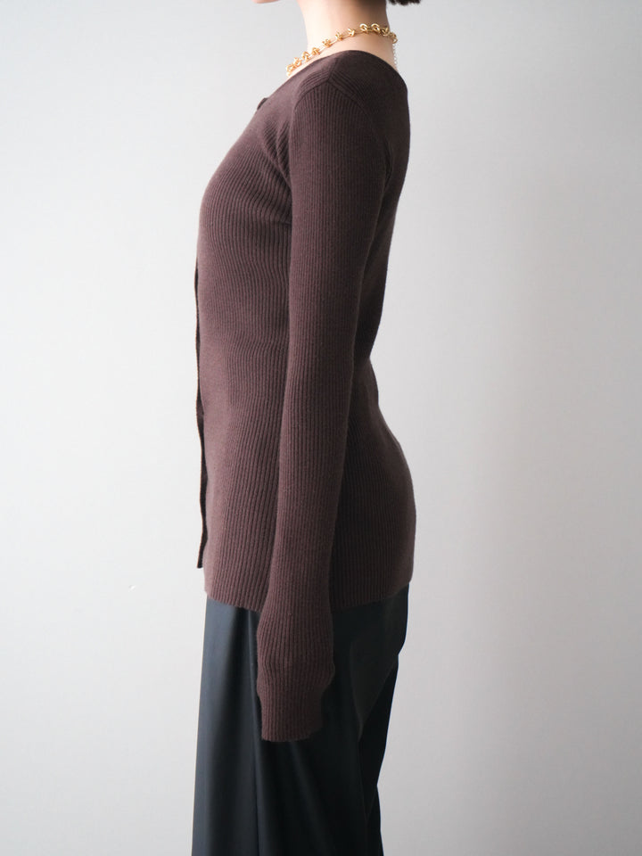 [予約]前後2WAYリブ編みクルーネックカーディガン/darkbrown