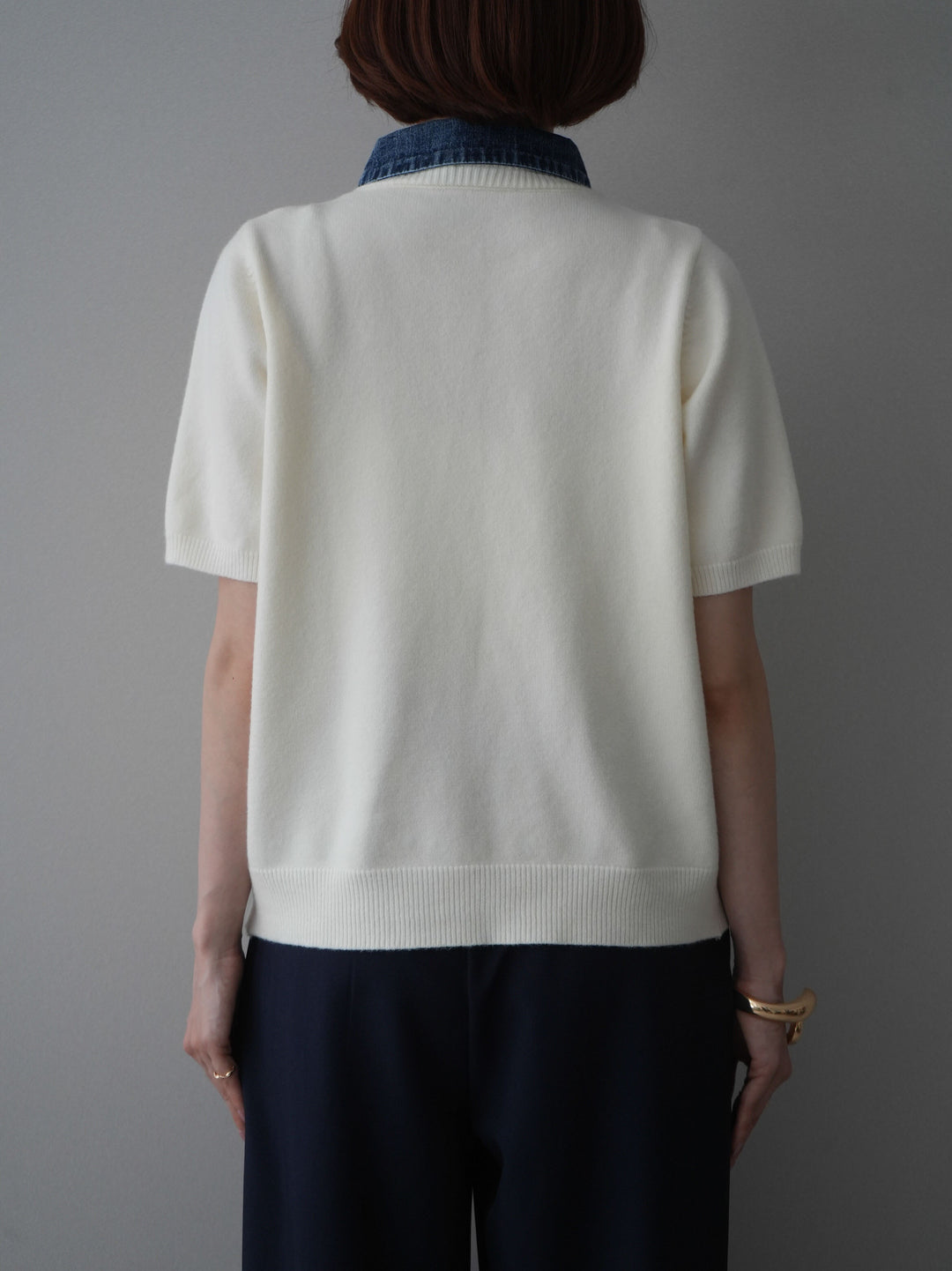 [予約]デニム襟ボタンハーフスリーブニットプルオーバー/ivory