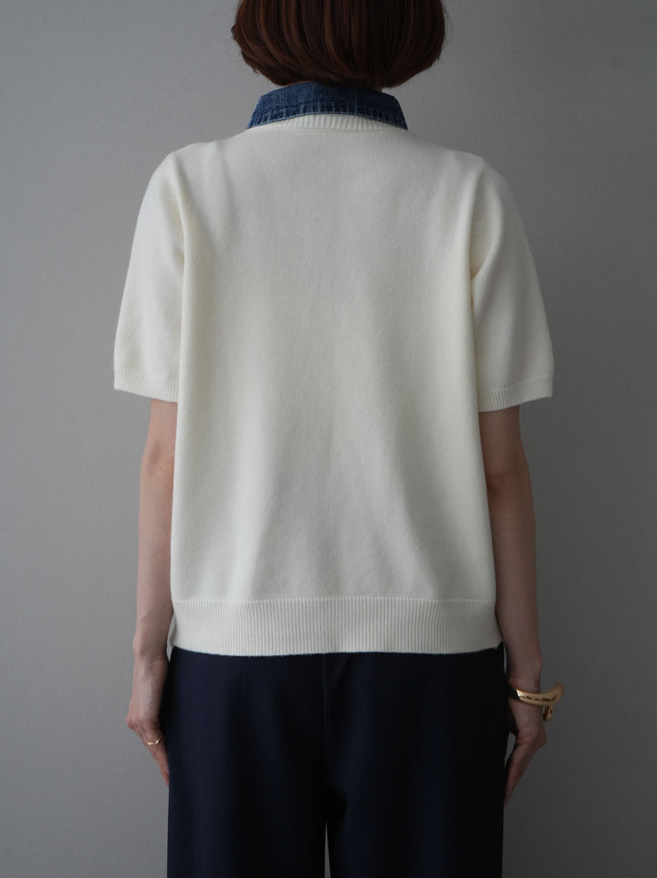 [予約]デニム襟ボタンハーフスリーブニットプルオーバー/ivory