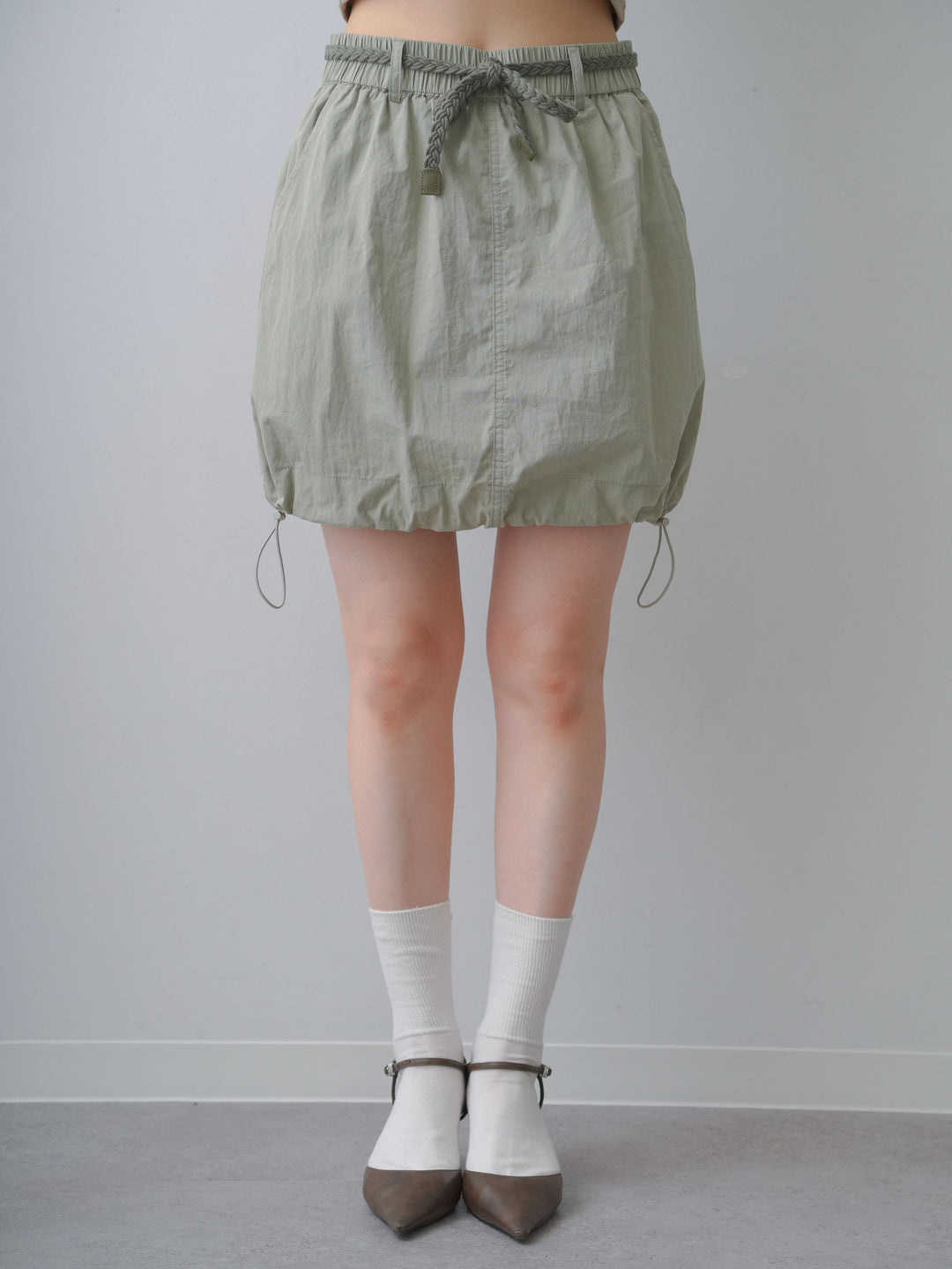 [予約]ベルト付ドローコードバルーンミニスカート/khaki