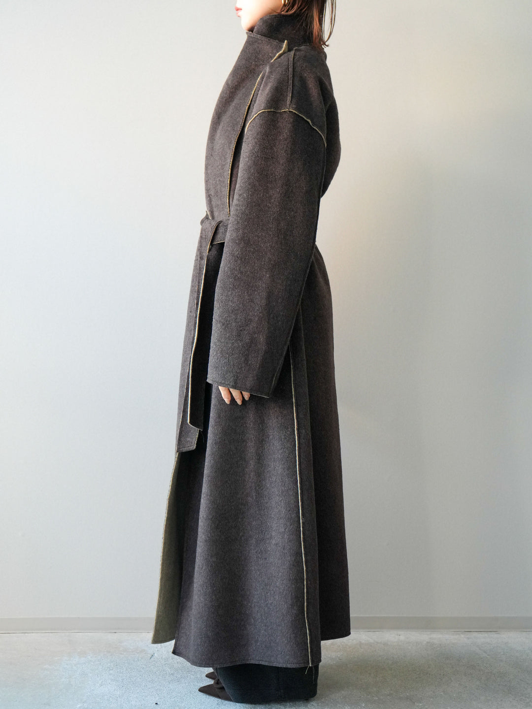 [予約]ダブルフェイスバイカラーロングコート/khaki