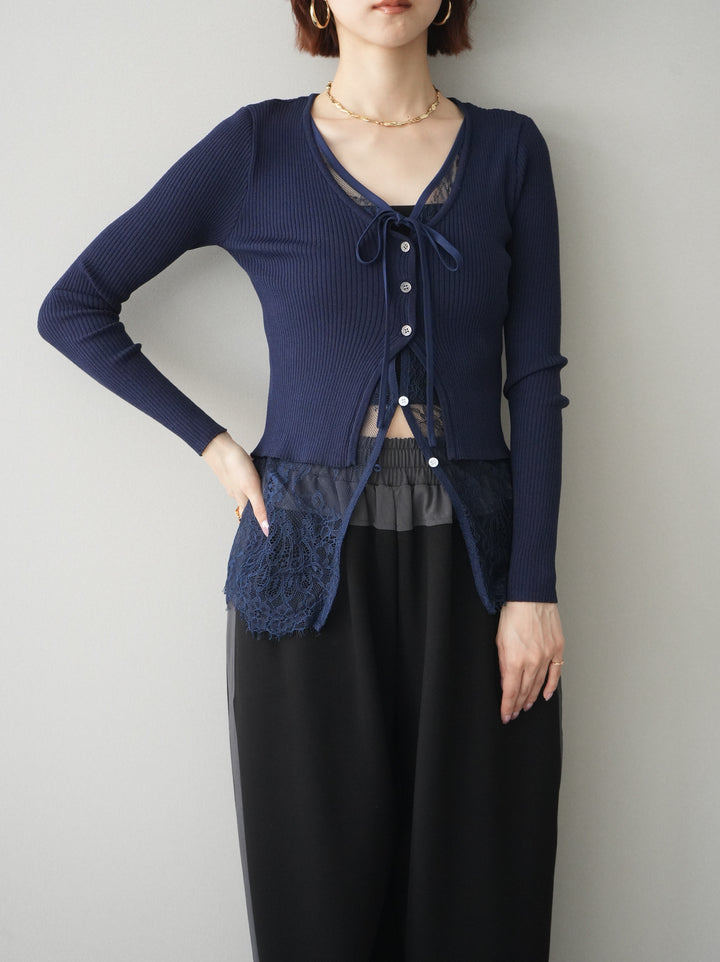 [SET]フロントリボン裾レースリブニットトップス+バイカラー異素材サイドラインライトポンチパンツ(2set)