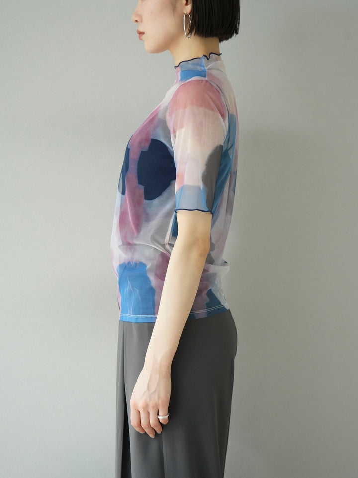 [Pre-order] Nuanced pattern petite neck 5/8 sleeve mesh top/pink