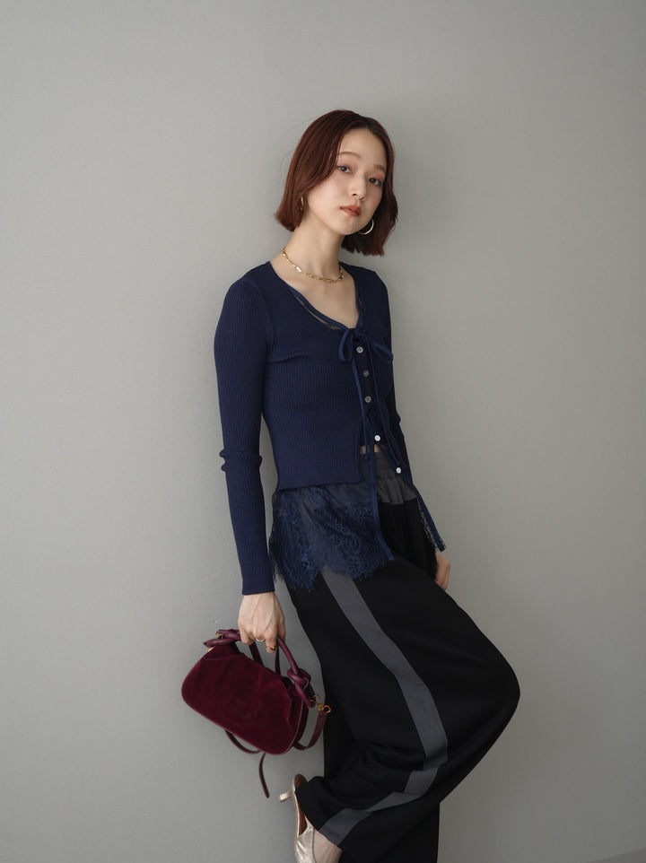 [SET]フロントリボン裾レースリブニットトップス+バイカラー異素材サイドラインライトポンチパンツ(2set)