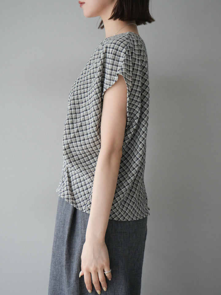 [予約]チェック柄タックデザインフレンチスリーブトップス/ブラウン