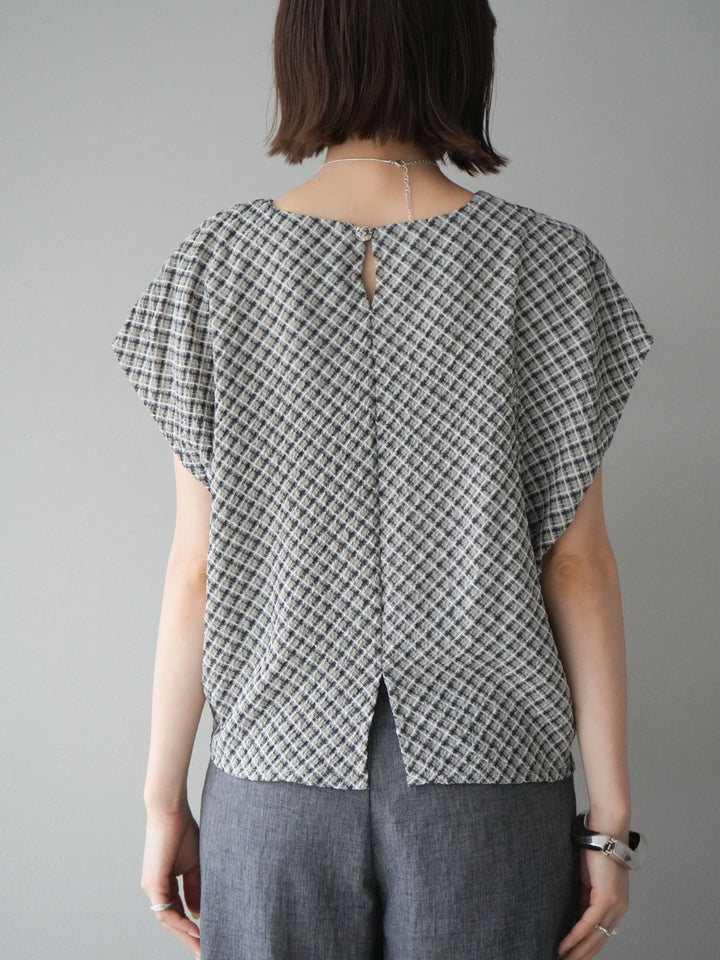 [予約]チェック柄タックデザインフレンチスリーブトップス/ブラウン