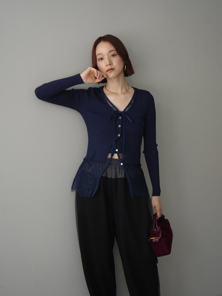 [SET]フロントリボン裾レースリブニットトップス+バイカラー異素材サイドラインライトポンチパンツ(2set)