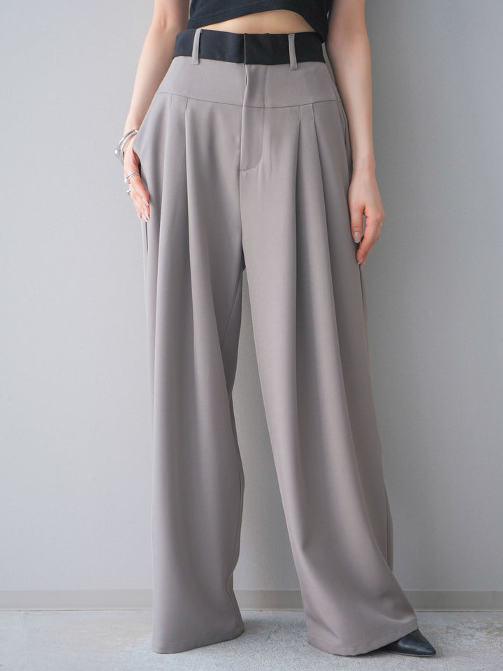 [予約]ウエストバイカラータックワイドパンツ/greige
