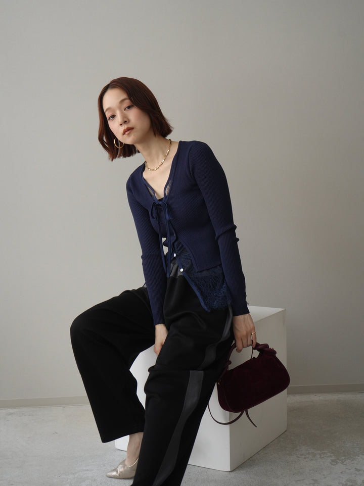 [SET]フロントリボン裾レースリブニットトップス+バイカラー異素材サイドラインライトポンチパンツ(2set)