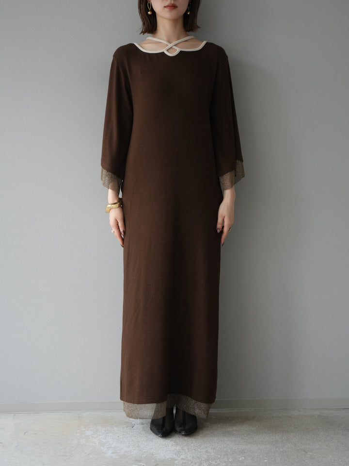[予約]デザインネックラメシアー切替ニットワンピース/ブラウン